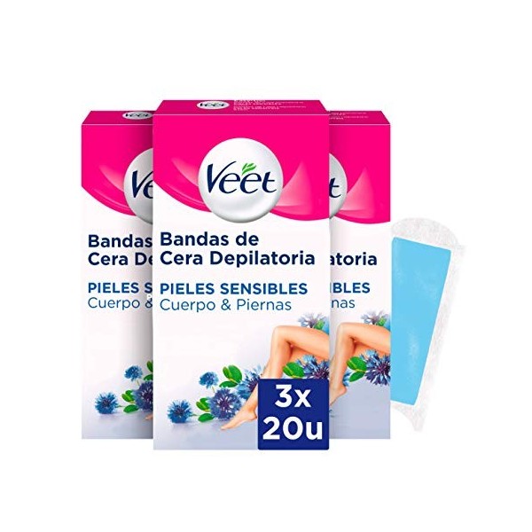 Veet Lot de 60 bandes de cire pour épilation du corps et des jambes avec huile damandes Easy Gelwax Peaux sensibles 3 x 20 b