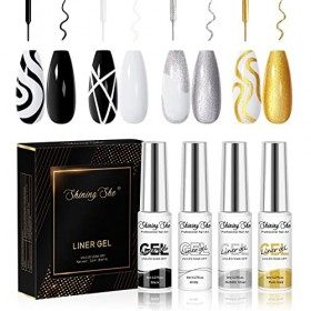 Shining She Vernis Semi Permanent, 4 Couleurs Noir Or Argenté Blanc Vernis à Ongles Gel Liner Kit Soak Off UV/LED Semi-perman