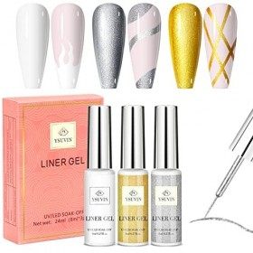 YSUVIN Liner Gel Nail Art, 3PCS Vernis Semi Permanent Or Argent Blanc Wire Drawing Nail Gel Vernis Ensemble Soak-Off UV/LED T