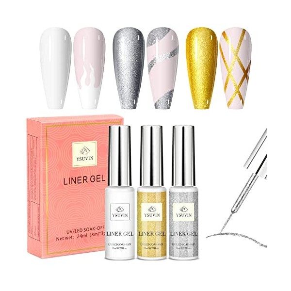 YSUVIN Liner Gel Nail Art, 3PCS Vernis Semi Permanent Or Argent Blanc Wire Drawing Nail Gel Vernis Ensemble Soak-Off UV/LED T