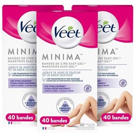 Veet Bandes de Cire Froide Minima - Cire Douceur Hypoallergénique - Jambes & Bras Lots de 3 - 120 bandes 