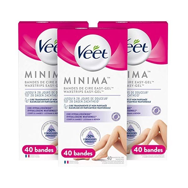 Veet Bandes de Cire Froide Minima - Cire Douceur Hypoallergénique - Jambes & Bras Lots de 3 - 120 bandes 