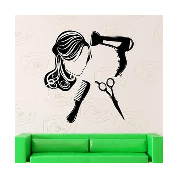 Sèche-cheveux peigne ciseaux cheveux longs femme silhouette motif salon de coiffure décoration sculpté autocollant mural 57x5