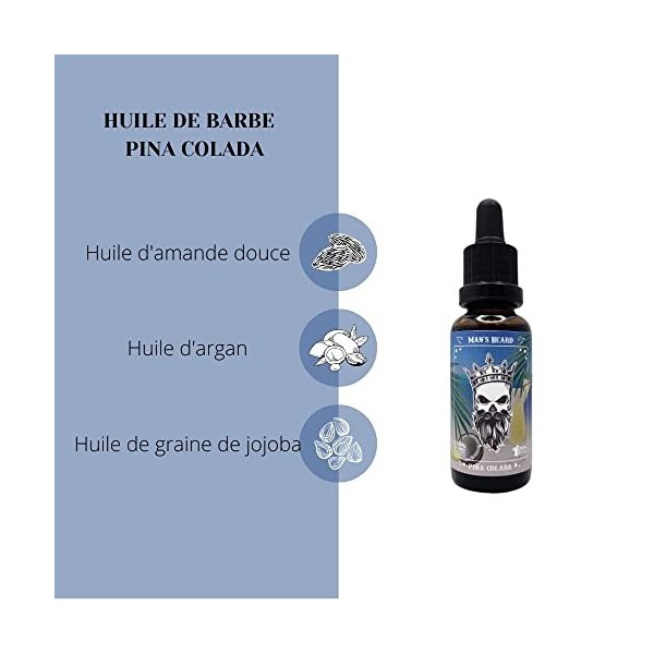 MANS BEARD - Huile de barbe - Pina Colada - Ingrédients dorigine naturelle - 100% Fabriqué en France - 30 ml