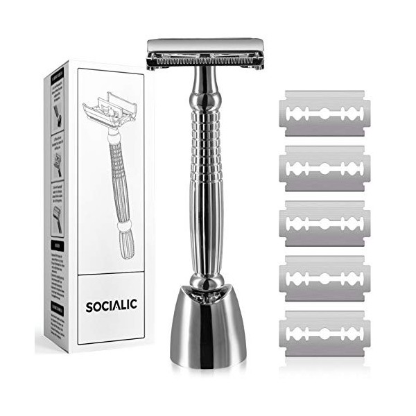 Socialic® Set de rasoirs avec 5 lames et support - en métal de haute qualité pour hommes et femmes | rasoir humide pour un ra