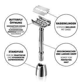 Socialic® Set de rasoirs avec 5 lames et support - en métal de haute qualité pour hommes et femmes | rasoir humide pour un ra