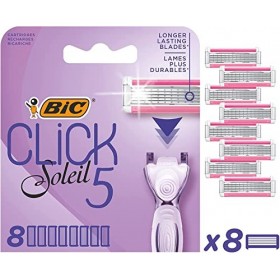 BIC Razors Click 5 Soleil Recharges Rasoir Femme 5 Lames, Bande Lubrifiante Enrichie en Aloe Vera, Boîte de 8 recharges
