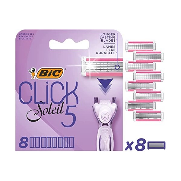 BIC Razors Click 5 Soleil Recharges Rasoir Femme 5 Lames, Bande Lubrifiante Enrichie en Aloe Vera, Boîte de 8 recharges