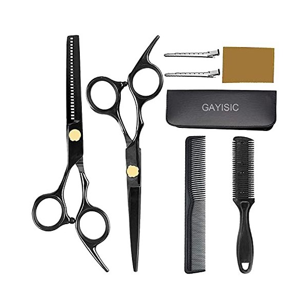 GAYISIC 8 Pcs Kit de Ciseaux Coiffure Professionnels, Ciseaux de Désépaissir, peigne cheveux, Ciseaux de Coiffure en Acier In