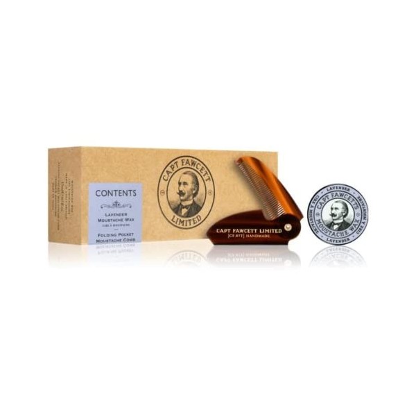 Captain Fawcetts Moustache Wax Lavender Scent & Folding Pocket Moustache Comb CF.87T Gift Set - Made in England by Capta