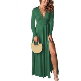 Hopeup Robe à Fente Haute pour Femmes, Taille serrée, Manches Longues, col en V Profond, Couleur Unie, plissée Douce, Coupe c