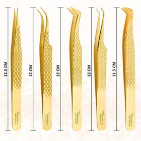 ZAMAHA UK Lot de 5 pinces à épiler japonaises pour extensions de cils - En acier inoxydable - Droite incurvée - Pointe coudée