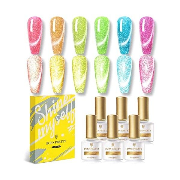 BORN PRETTY Vernis Semi Permanent Pailleté Reflechissante, 10ml 6 Couleurs Vernis à Ongles Paillettes Gel Réfléchissant Brill...