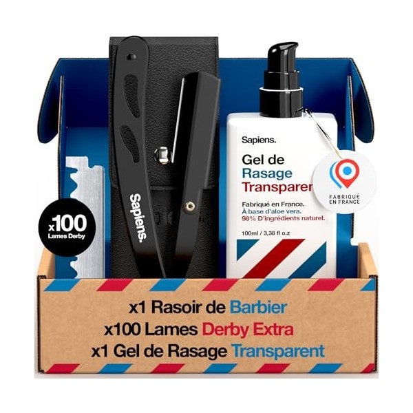 Sapiens Barbershop Kit Rasage Homme - Kit Rasoir Barbier avec Rasoir Coupe Choux Barbe + Gel de Rasage Transparent + 100 Lame