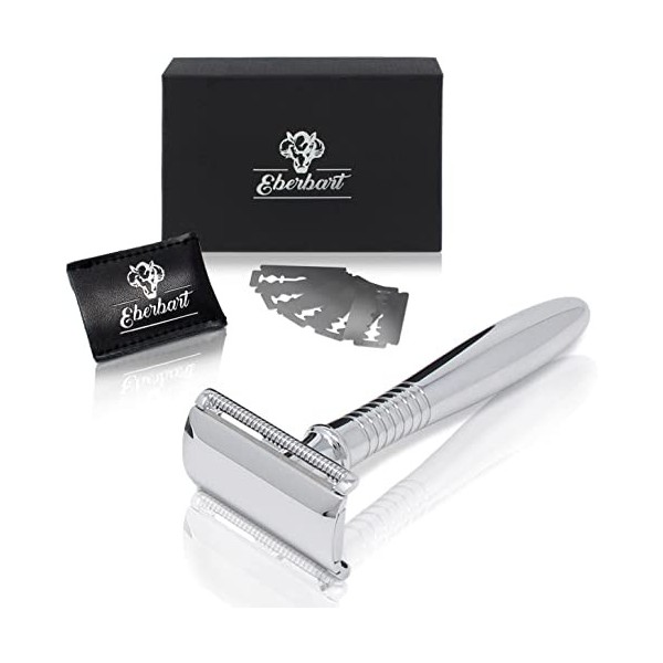 EBERBART Safety Razor incl. 5 lames + capuchon de protection + e-book gratuit - rasoir classique pour hommes avec tête de lam