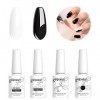 Vishine Lot de 4 Base Top Coat Kit Avec Vernis à Ongles Gel Semi Permanent Couleurs Blanc Noir Soak Off UV LED Gel Nail Polis