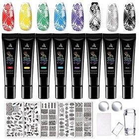 Vernis Stamping Nail Art - Lot de 8 vernis à ongles, gel de couleur, séchage par lampe UV, pour Stamping