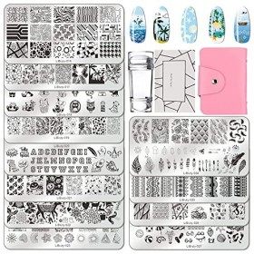 Nail Art Stamping Lot de 12 plaques de tampon à ongles pour manucure + 1 tampon en silicone + 1 grattoir + 1 sac pour plaques