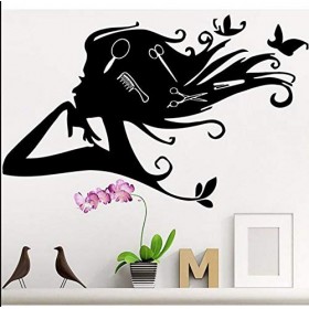 Cheveux longs femme ciseaux peigne barbier outil modèle barbier fenêtre autocollant mural auto-adhésif 42x67cm