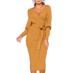 Fogcroll Robe de Couleur Unie pour Femmes, Automne Hiver, col en v, Ceinture à Lacets, Robe tricotée, Longueur mi-Mollet, Man