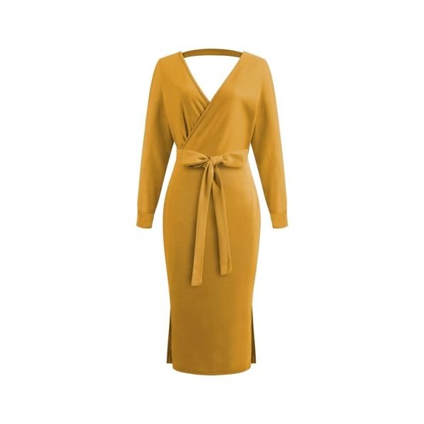 Fogcroll Robe de Couleur Unie pour Femmes, Automne Hiver, col en v, Ceinture à Lacets, Robe tricotée, Longueur mi-Mollet, Man