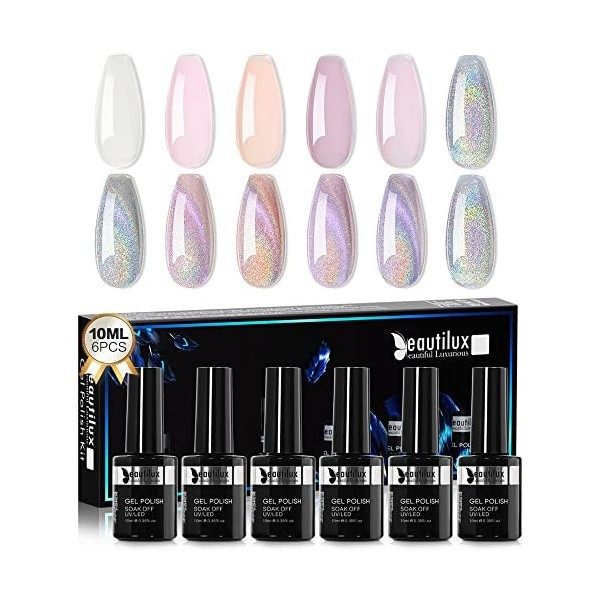 Beautilux Rubber Base Gel, 6 Couleur Nude Rose Pailleté Base Coat Vernis Semi Permanent Gel Pour Pose French Nail UV Gel Poli