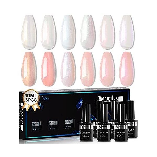 Beautilux Rubber Base Gel, 6 Couleur Nude Rose Pailleté Base Coat Vernis Semi Permanent Gel Pour Pose French Nail UV Gel Poli