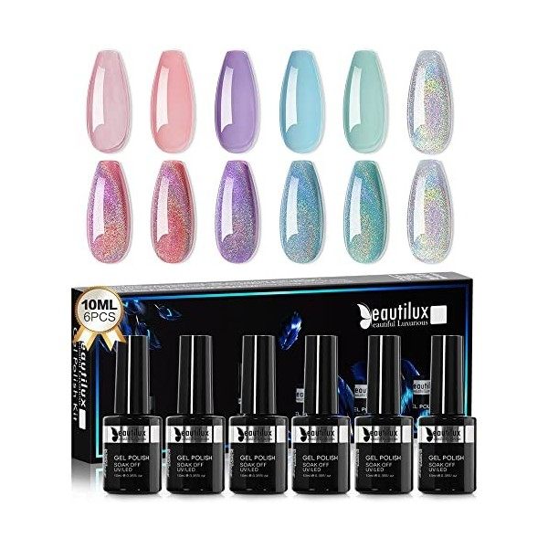 Beautilux Rubber Base Gel, 6 Couleur Nude Rose Pailleté Base Coat Vernis Semi Permanent Gel Pour Pose French Nail UV Gel Poli