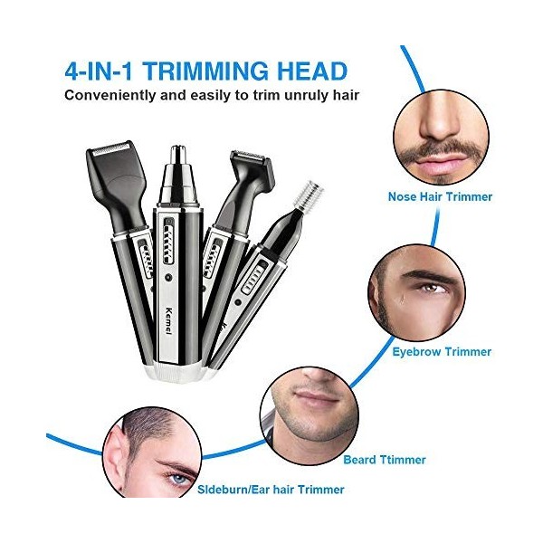 KEMEI Tondeuse à Cheveux 4 en 1 pour Hommes, Tondeuse à Barbe électrique IP X7 étanche pour Sourcils Cheveux et Oreilles, Lam