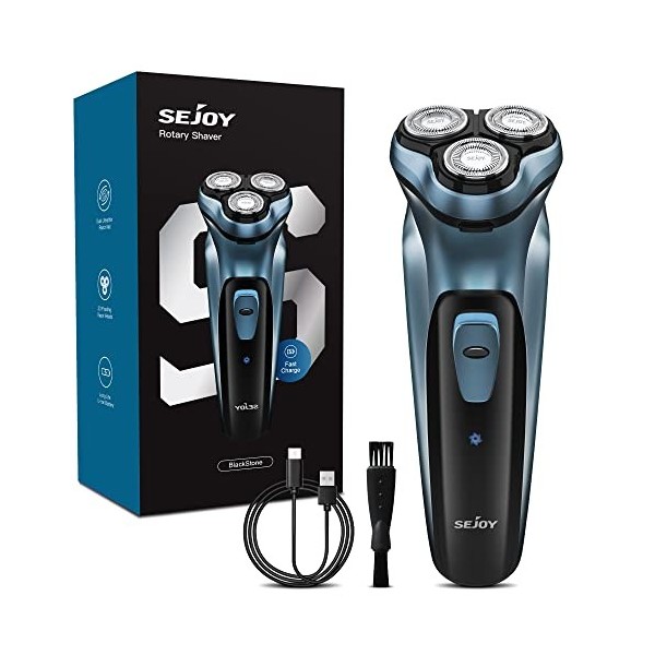 Sejoy Rasoir électrique pour homme, rasoir rotatif, rasoir électrique rechargeable avec tondeuse pop-up, charge rapide en 1 h