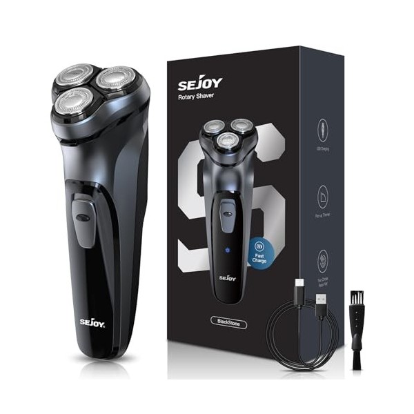 Sejoy Rasoir électrique pour homme, rasoir rotatif, rasoir électrique rechargeable avec tondeuse pop-up, charge rapide en 1 h