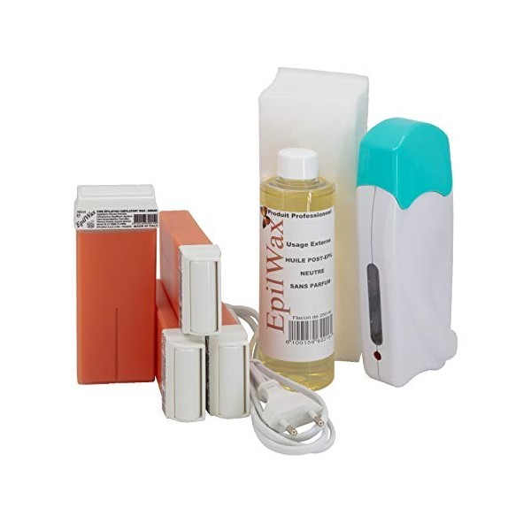 EpilWax - Kit Chauffe Cire Épilation Professionnelle avec 4 x Recharges Roll on Cire à lArgan, 100 x Bandes dÉpilation et H