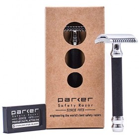 Parker Safety Razor Parker 26C - Manche Noir trois pièces ouvert Peigne Rasoir de Sécurité à Double Tranchant et 5 Lames à Do