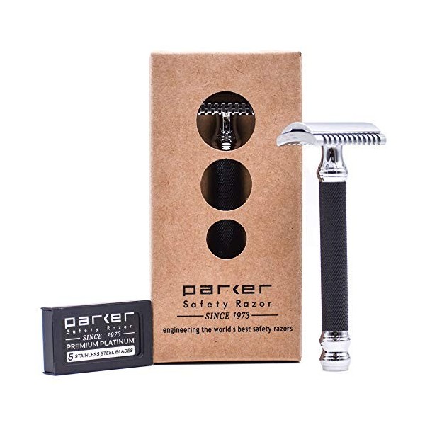 Parker Safety Razor Parker 26C - Manche Noir trois pièces ouvert Peigne Rasoir de Sécurité à Double Tranchant et 5 Lames à Do