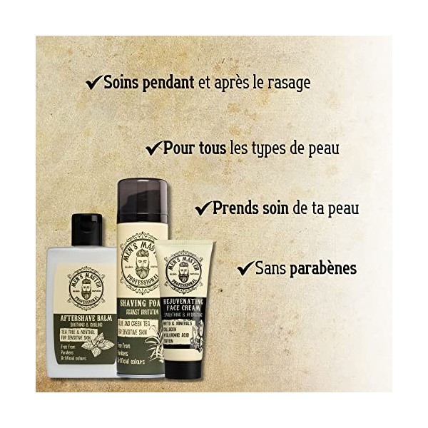 Mens Master Ensemble-Cadeau de Rasage 3 pièces pour Homme | Mousse a Raser Hydratante | Baume Après-Rasage pour Peaux Sensib