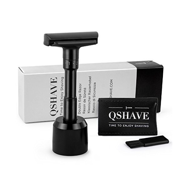 Qshave Noir mat réglable rasoir double Edge rasoir de sécurité 1 Rasoir, 1 support, 1 étui de protection en cuir 