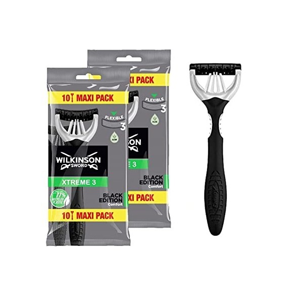 Wilkinson Sword - Xtreme 3 Black Edition Lot de 20 rasoirs jetables à 3 lames avec tête flexible, technologie flexible Comfor