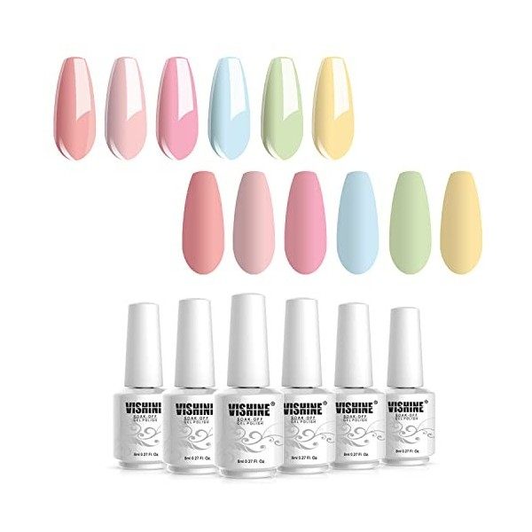 Vishine Lot de 6 Vernis Semi Permanent Blanc Laiteux, Vernis Semi-Permanent Naturel French Gel Milky White Nail Art Gel Verni