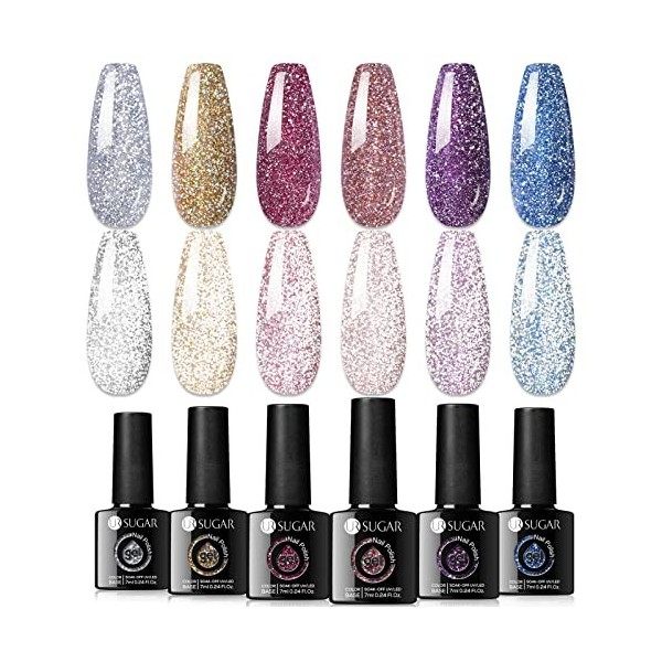 UR SUGAR 7ML Vernis Semi Permanent Pailleté Reflective Glitter Gel Nail Polish Vernis Gel UV Holographique Paillette Ongles N