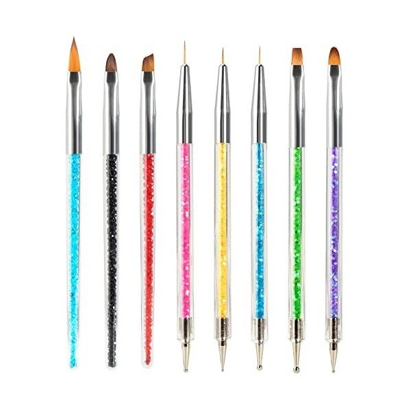 8 Pcs Kit de Pinceau Nail Art Ongles, Brosses de Ongle Art, 5 Pcs Dotting Pen Strass Nail Art Dotting Tools avec 3 Nail Art D