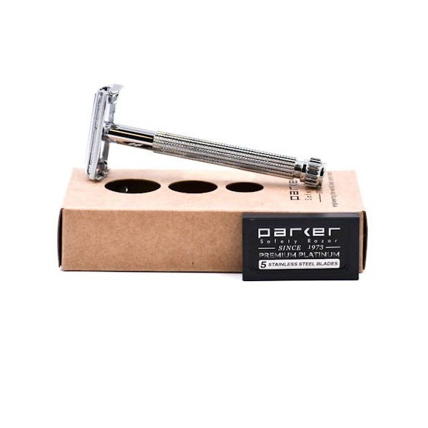 Parker Safety Razor Parker 29L unisexe long manche double papillon ouvert bord Rasoir de sécurité et 5 lames haut de gamme Ch