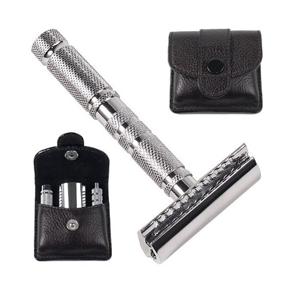 Parker Safety Razor Parker A1R - 4 pièces de sécurité Voyage rasoir et étui en cuir