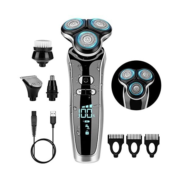 Topretty Rasoir électrique pour homme - Tondeuse à barbe rechargeable sans fil - Rasoirs rotatifs électriques humides et secs