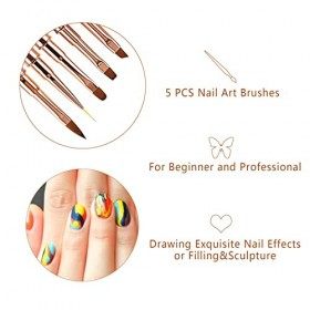 Pinceau Nail Art Ongles Gel Professionnel avec Capuchon Bouchon - LEA-SHALL 5 Pièces Pinceaux Fin Liner/Plat/Rond/Acrylique F