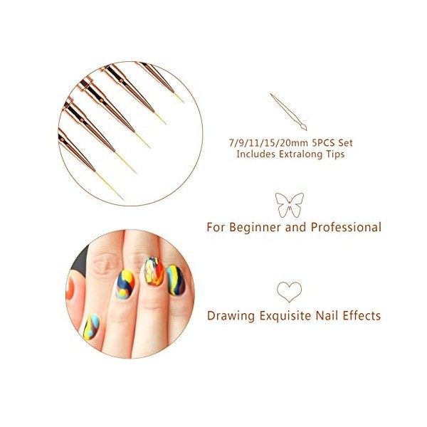 7/9/11/15/20mm Pinceau Nail Art Ongles Professionnel avec Capuchon Bouchon 5 Pièces - LEA-SHALL Pinceaux Liner Ultra Fin pour