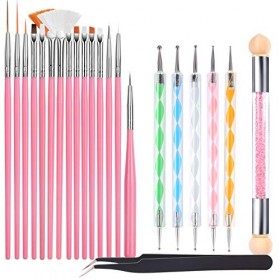 22 PCS Lot de Brosses à Ongles, FANDAMEI 15 Pcs Pinceaux Ongles Nail Art Brosses, 5 Pcs Dotting Pens Tool Nail Art, Double Tê