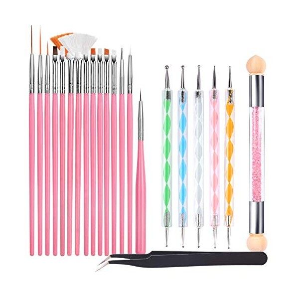 22 PCS Lot de Brosses à Ongles, FANDAMEI 15 Pcs Pinceaux Ongles Nail Art Brosses, 5 Pcs Dotting Pens Tool Nail Art, Double Tê