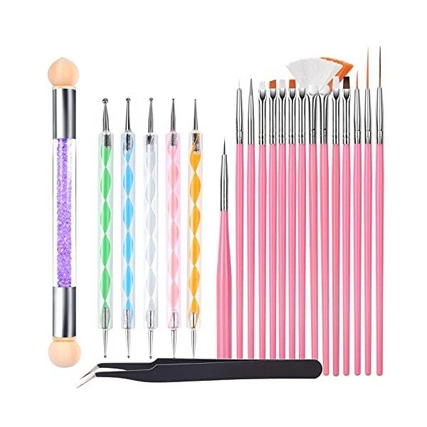 22 PCS Lot de Brosses à Ongles, FANDAMEI 15 Pcs Pinceaux Ongles Nail Art Brosses, 5 Pcs Dotting Pens Tool Nail Art, Double Tê