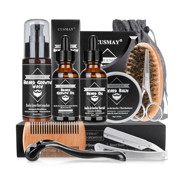 Kit Soins Barbe pour Hommes 11 en 1 Kit Barbe Homme Complet avec Shampoing, Huile, Crèmes de Barbe, Brosse à Barbe, Ciseaux, 