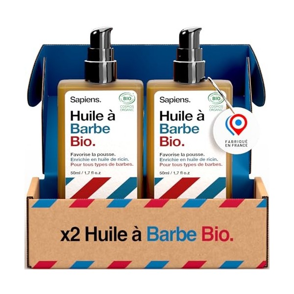 Sapiens Barbershop Huile Barbe Homme BIO - Fabriquée en France - Huile de Ricin Barbe Certifiée Cosmos Organic - Soin Barbe H